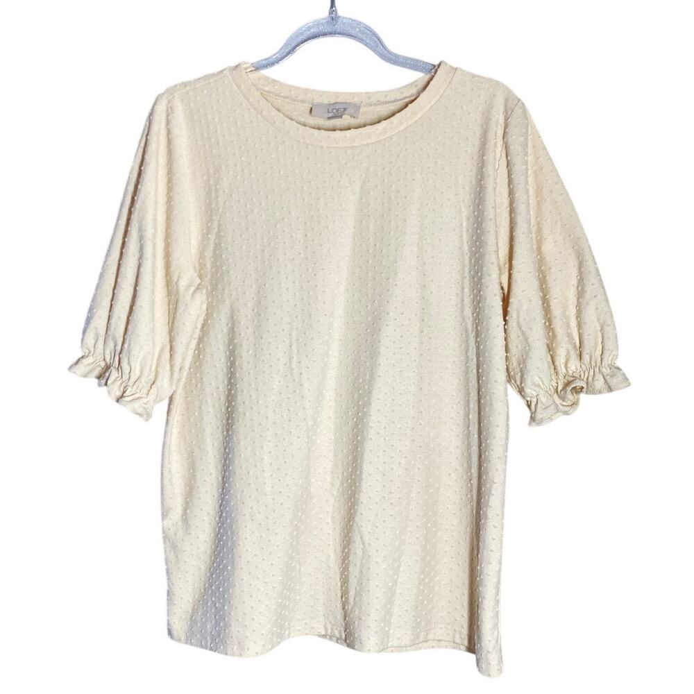 LOFT Crewneck textured puff-sleeve top  Cream Beige Top Sz S Boho Casual
